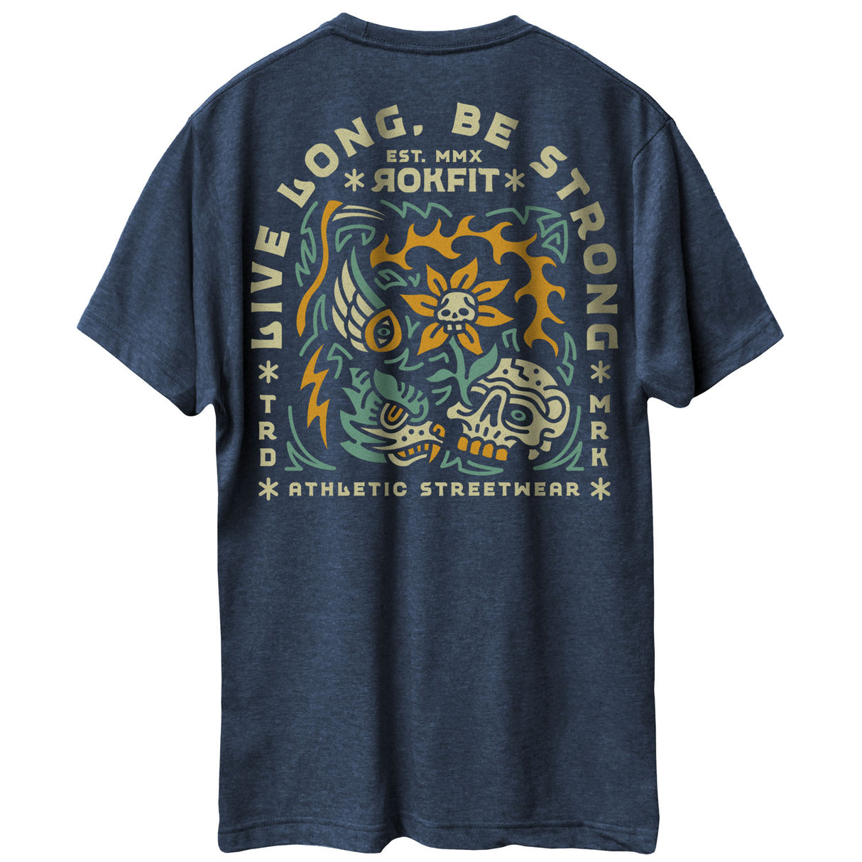 Back view of heather navy unisex Active Tee with 'Live Long, Be Strong' graphic