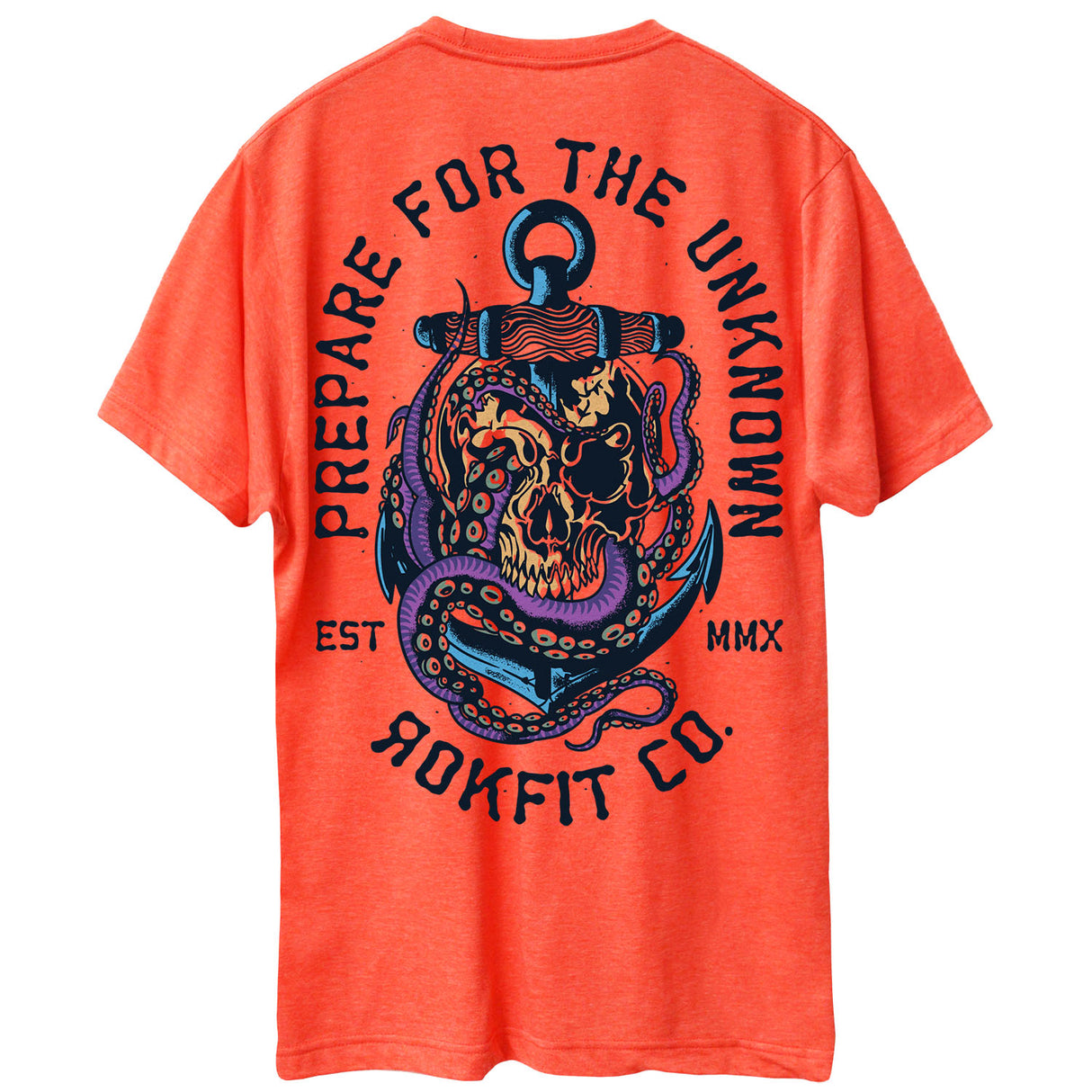 Back view of unisex heather orange Active Tee with 'Prepare For The Unknown' graphic