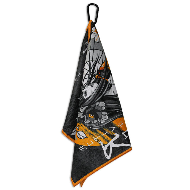 Hanging view of Utility Towel with 'RokFit X Blondie' graphic