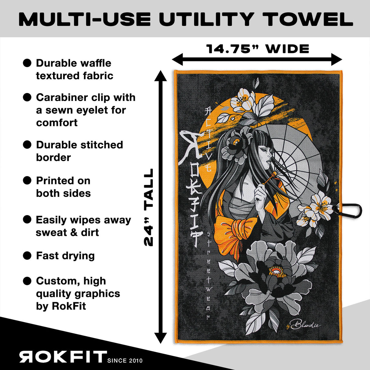 Utility Towel details showing 14.75-inches wide by 24-inches tall with 'RokFit X Blondie' graphic