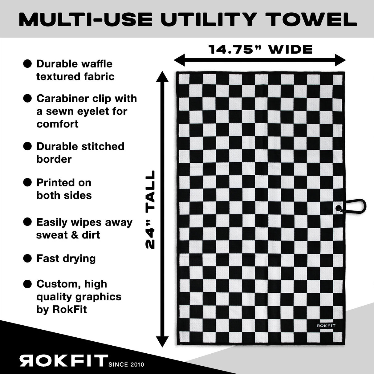 Utility Towel details showing 14.75-inches wide by 24-inches tall with 'Checker' graphic
