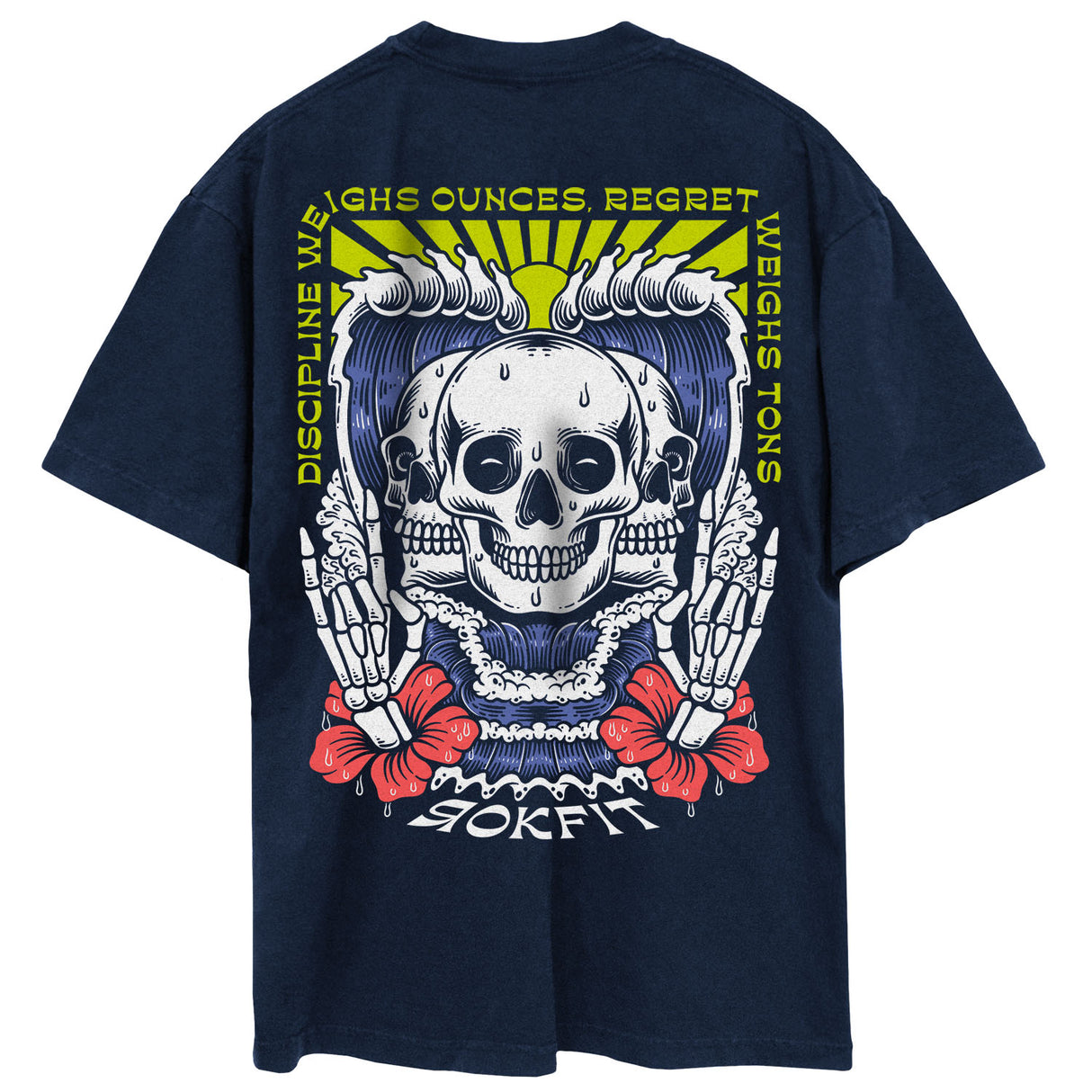 Back view of navy blue unisex Street Tee with 'Discipline Weighs Ounces, Regret Weighs Tons' graphic