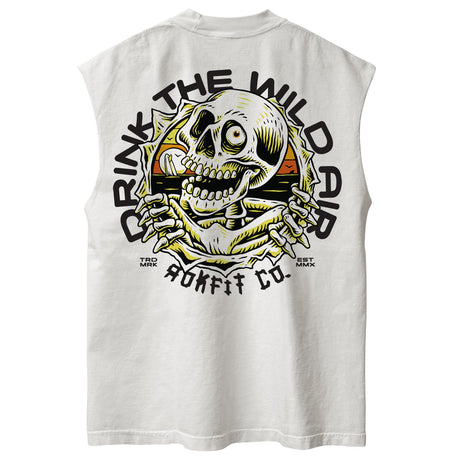 Back view of unisex white sleeveless Street Tee with 'Drink The Wild Air' graphic