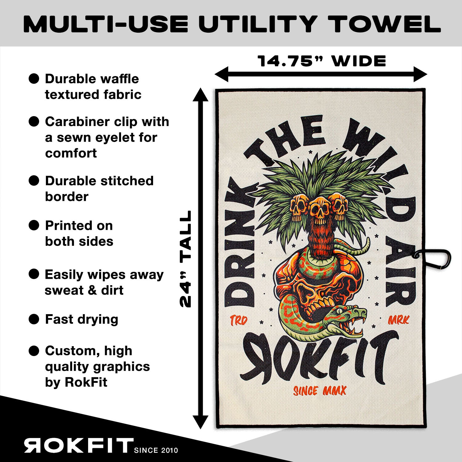 Utility Towel details showing 14.75-inches wide by 24-inches tall with 'Drink The Wild Air' graphic
