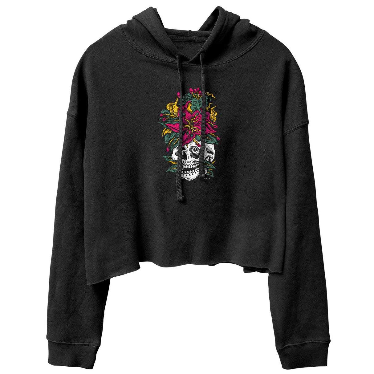 Front view of women's black crop hoody with 'Eternal Bloom' graphic