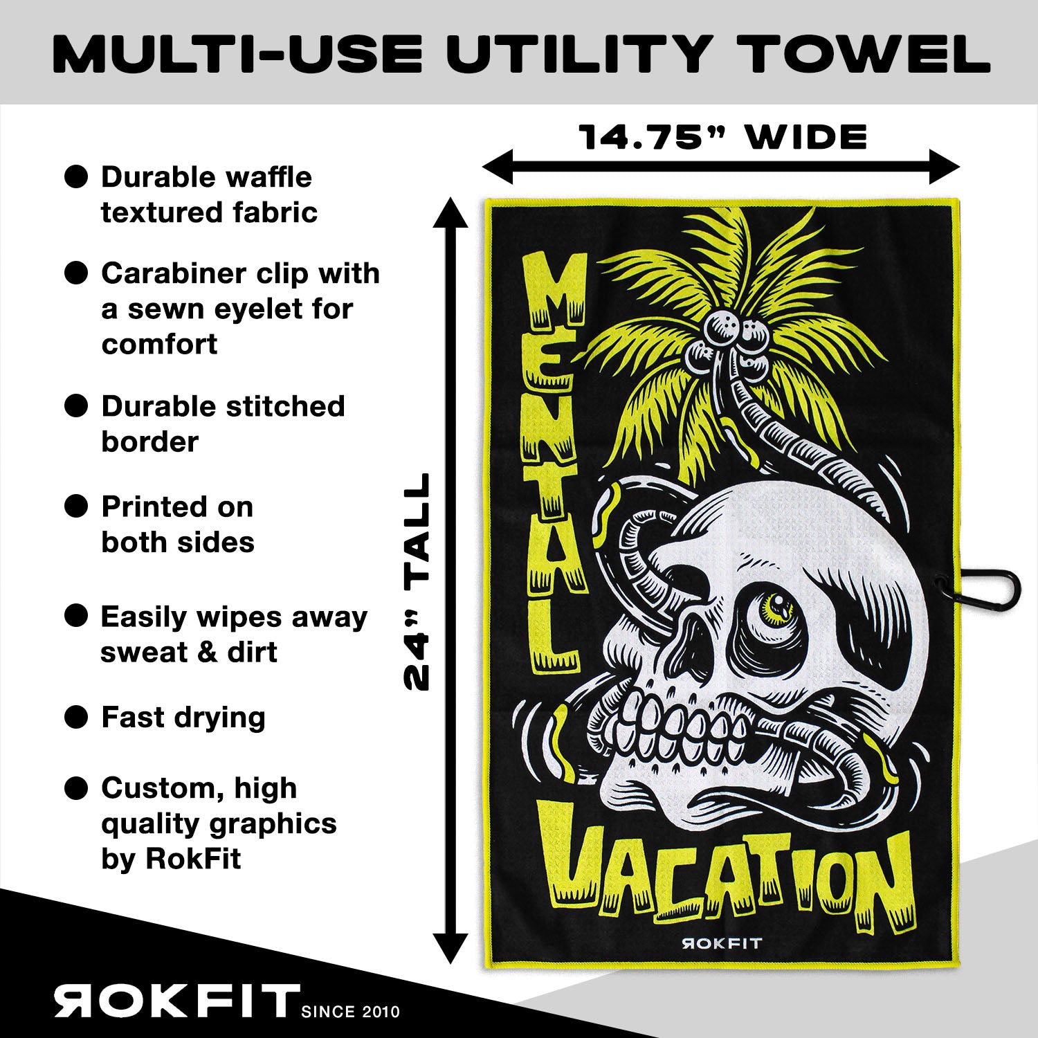 Utility Towel details showing 14.75-inches wide by 24-inches tall with 'Mental Vacation' graphic