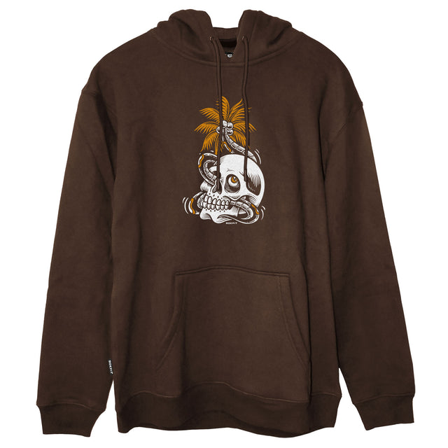 Front view of brown unisex hoody with 'Mental Vacation' graphic