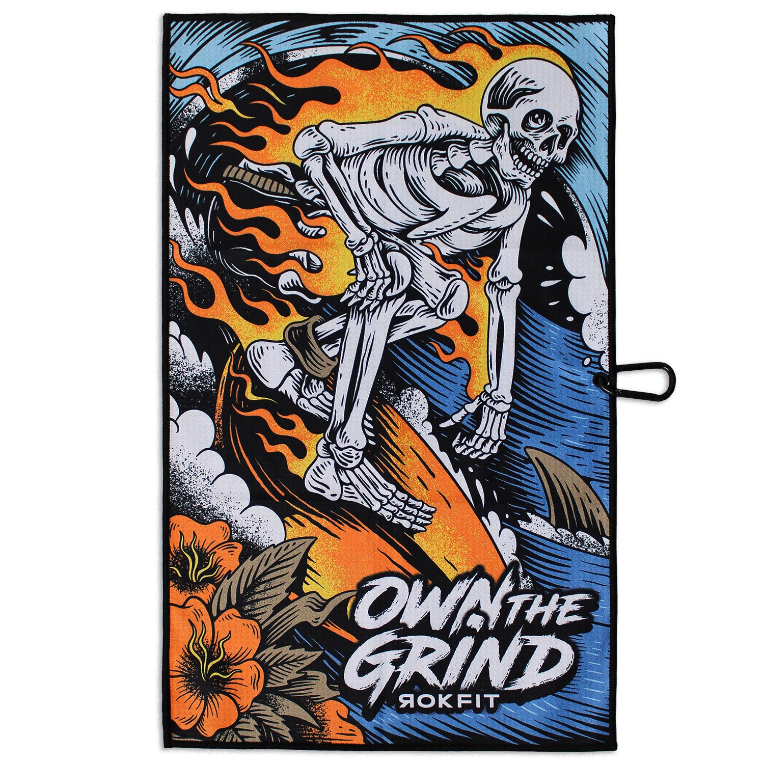 Front view of Utility Towel with 'Own The Grind' graphic