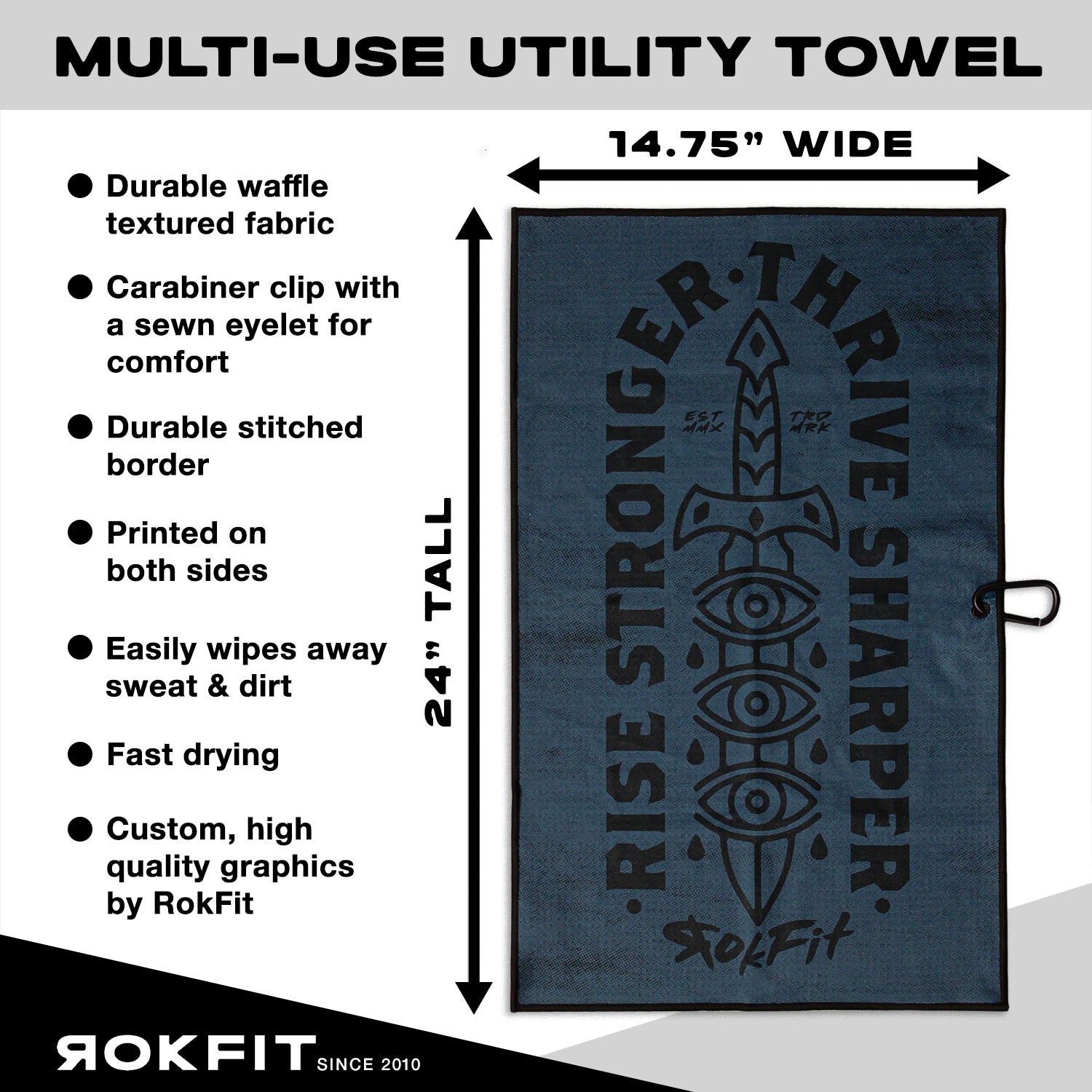 Utility Towel details showing 14.75-inches wide by 24-inches tall with 'Rise Stronger, Thrive Sharper' graphic