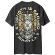 Back view of heather charcoal unisex Active Tee with 'Strength Is Earned' graphic