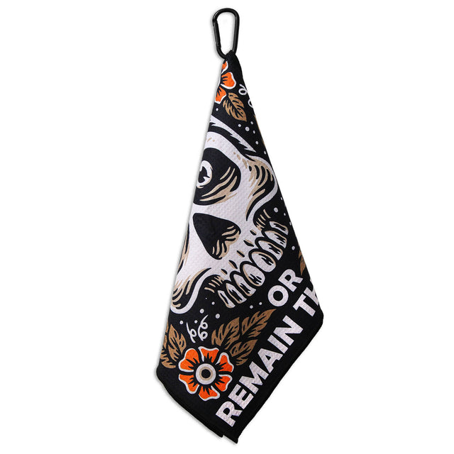 Hanging view of Utility Towel with 'Train Insane or Remain the Same' graphic