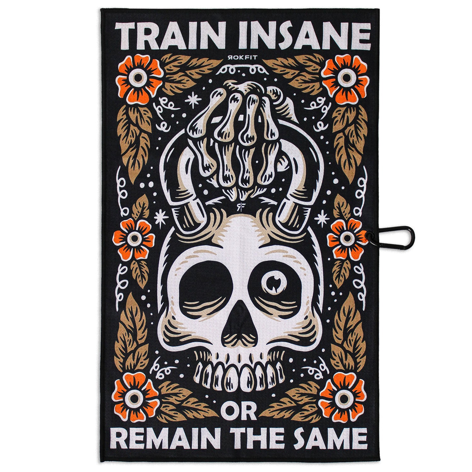 Front view of Utility Towel with 'Train Insane or Remain the Same' graphic