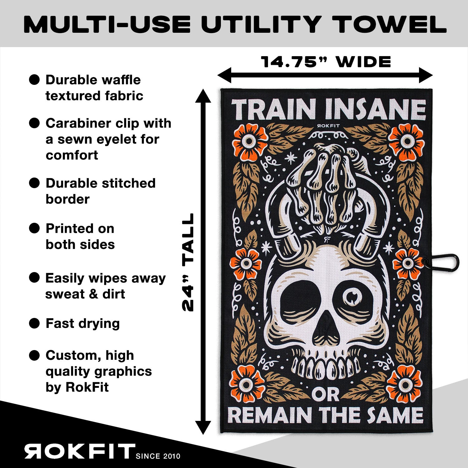 Utility Towel details showing 14.75-inches wide by 24-inches tall with 'Train Insane or Remain the Same' graphic