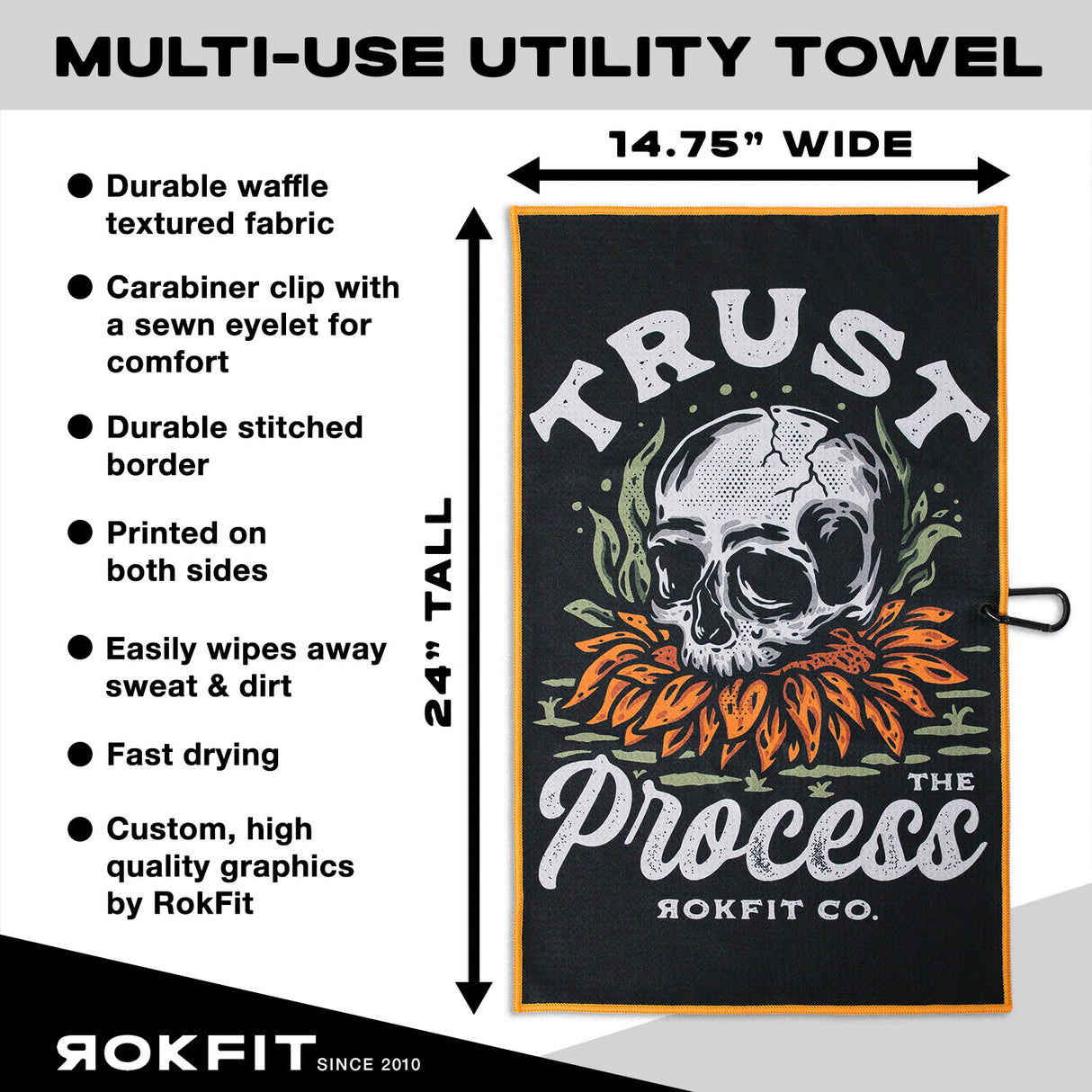 Utility Towel details showing 14.75-inches wide by 24-inches tall with 'Trust The Process' graphic