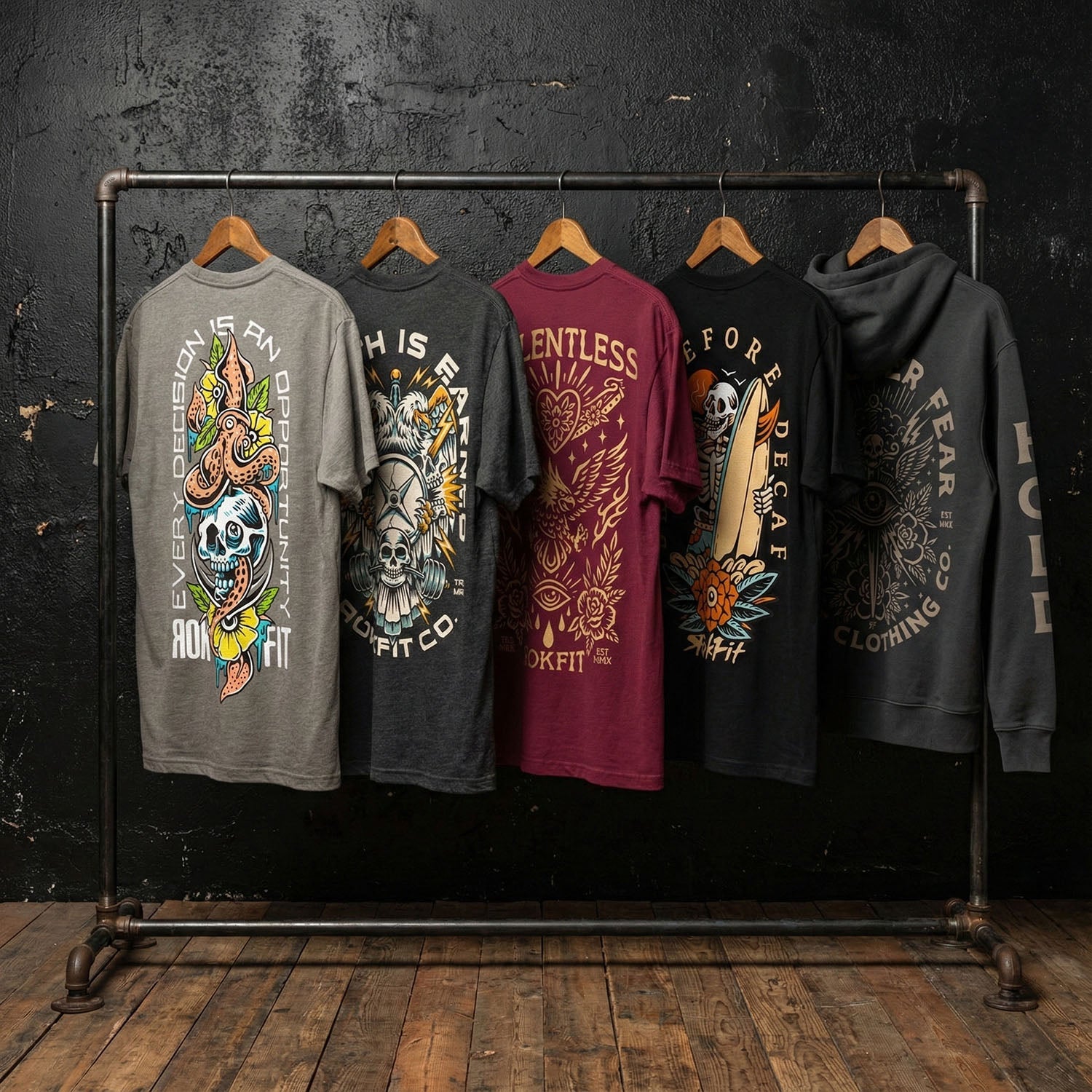 RokFit restock featuring graphic tees and Focus Over Fear hoodie on industrial clothing rack.