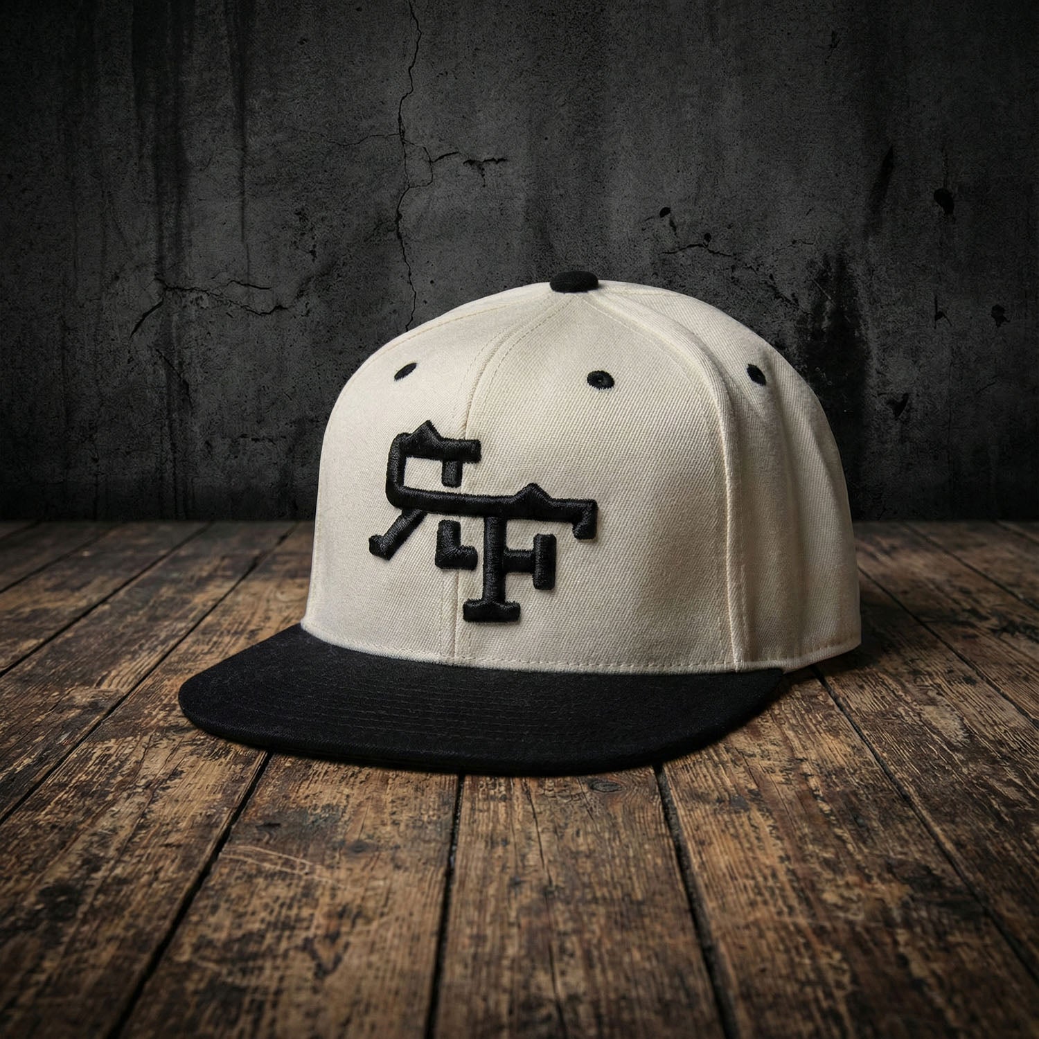 RF Logo Flexfit Snapback Hat | Cream & Black Flat Bill Cap – RokFit