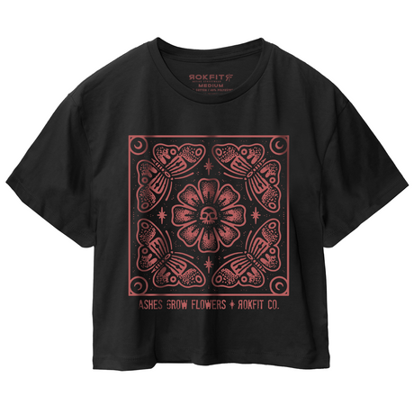 Front view of black women's crop t-shirt with 'Ashes Grow Flowers' graphic