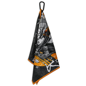 Hanging view of Utility Towel with 'RokFit X Blondie' graphic