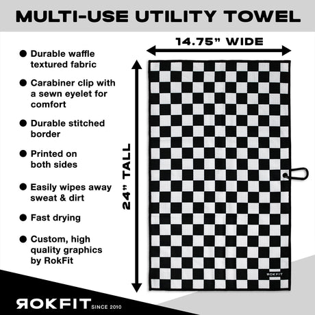 Utility Towel details showing 14.75-inches wide by 24-inches tall with 'Checker' graphic