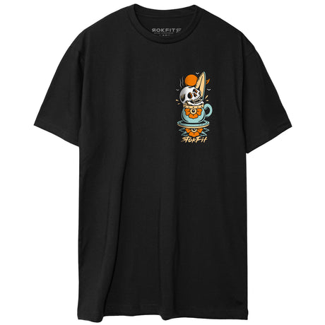 Front view of unisex black Active Tee with 'Death Before Decaf' graphic