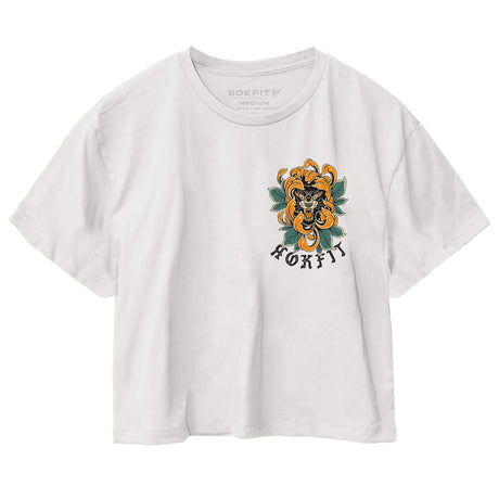 Front view of women's white crop top with 'Don't Chase Goals' graphic