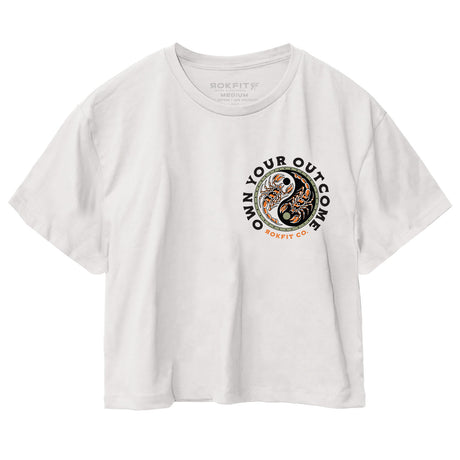 Front view of women's white crop top with 'Excuses or Reasons' graphic
