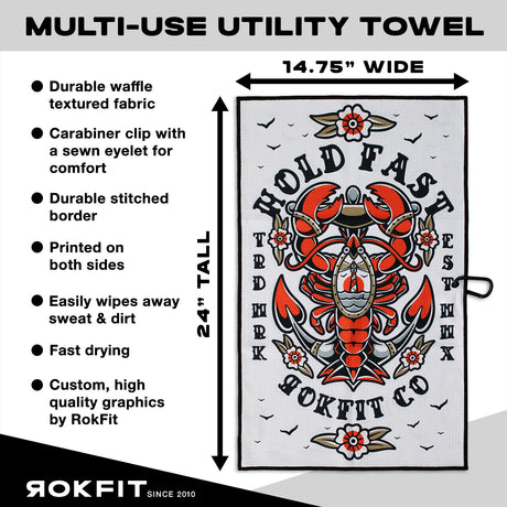 Utility Towel details showing 14.75-inches wide by 24-inches tall with 'Hold Fast' graphic
