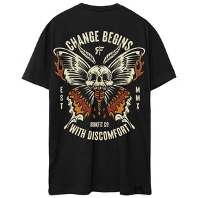 Back view of unisex black Active Tee with 'Change Begins With Discomfort' graphic