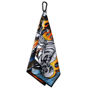 Hanging view of Utility Towel with 'Own The Grind' graphic