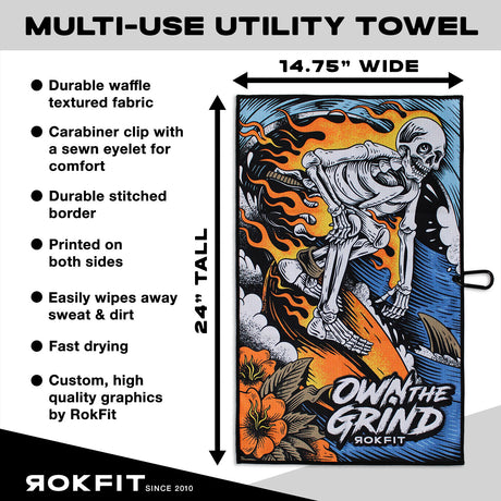 Utility Towel details showing 14.75-inches wide by 24-inches tall with 'Own The Grind' graphic