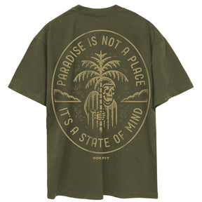 Front view of olive green unisex Street Tee with 'Paradise Is Not A Place, It's A State Of Mind' graphic