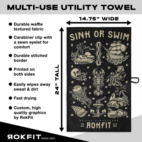 Utility Towel details showing 14.75-inches wide by 24-inches tall with 'Sink or Swim' graphic