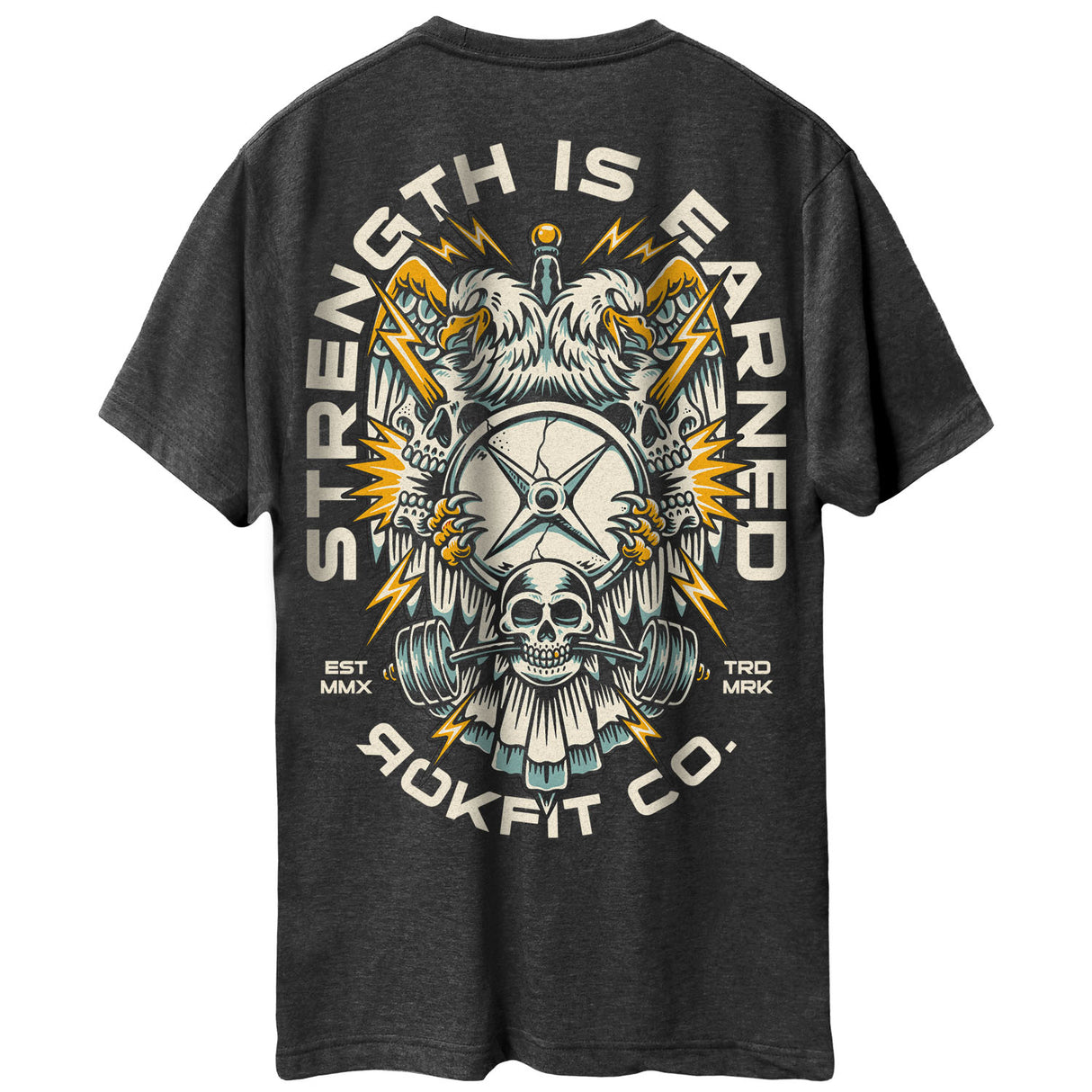 Back view of heather charcoal unisex Active Tee with 'Strength Is Earned' graphic