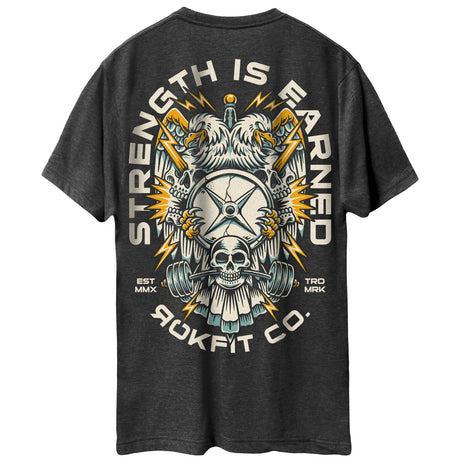 Back view of heather charcoal unisex Active Tee with 'Strength Is Earned' graphic