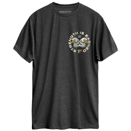 Front view of heather charcoal unisex Active Tee with 'Strength Is Earned' graphic