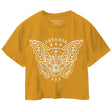 Front view of vintage gold women's crop t-shirt with 'Untamed' graphic
